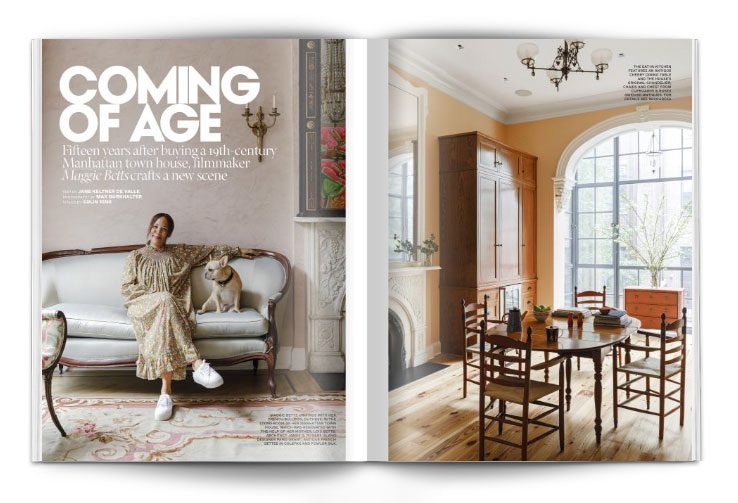 A magazine spread with a woman and a dog in a living room.